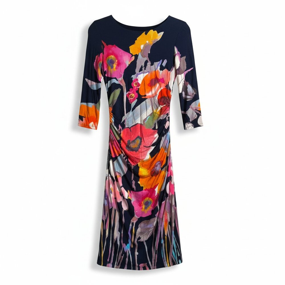 NWT Kay Unger NY "Kelly" Ruched Floral Midi Dress - Navy Multi -Sz 2 - MSRP $340 - Picture 3 of 4